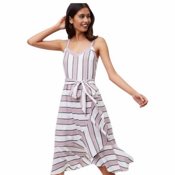 LOFT Dresses & Skirts - LOFT Striped Ruffle Faux Wrap Midi Dress Size 12 Feminine Preppy Nautical